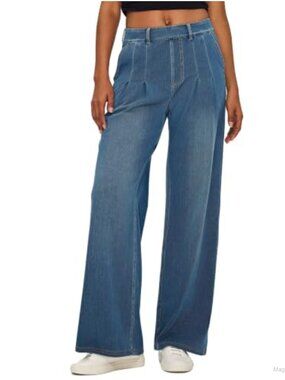 Wide Leg High Rise Pull On Jeans Stretch Cotton Blend Comfort